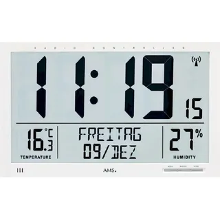 AMS 5887 Wanduhr Tischuhr Funk Funkwanduhr digital weiß Datum Thermometer Wecker - Weiß