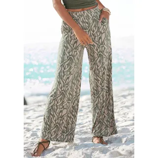 Jerseyhose BUFFALO "aus bequemen Viskosejersey", Damen, Gr. 34, N-Gr, bunt (khaki, sand bedruckt), Jersey, Obermaterial: 100% Viskose, bedruckt, figurumspielend lang, Hosen Jerseyhose, mit Alloverdruck in Paperbag-Optik, Wide-Leg, leichte Sommerhose, Topseller
