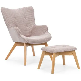S-Style Loungesessel mit Fußhocker Lenari Puderrosa Cordstoff mit Füßen in Natur , Hellrosa , Textil , Echtholz,Buche, Birke , 71x96x86 cm , Blauer Engel, FSC Mix, Oeko-Tex®, Hergestellt in Europa , Wohnzimmer, Sessel, Polstersessel