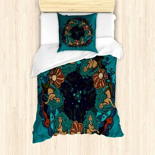 ABAKUHAUS Meerjungfrau Bettbezug Set, Kreis Meerjungfrau Illustrations Vintage Art Ornamental Muster, 135 x 200 cm + 80 x 80 cm, Teal Red Creme