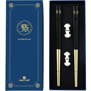 AMOTANG 2 Paar Edelstahl Essstäbchen mit chinesischer Verbotene -Stadt Design, inkl. 2 Keramik Chopstick-Halter. Spülmaschinenfest, rutschfest und wiederverwendbar Stäbchen in Schwarz