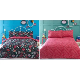 Irvine Doppelbett Bettdeckenbezug und 2 Kopfkissenbezüge Set Bettwäsche, Bettwäsche-Set, schwarz, rot, Blumen, Retro, Schwarz