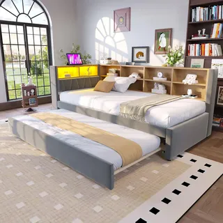 Schlafsofa, Ausziehbett, 90x200, 90x190, Polsterbett, Tagesbett, Daybett, Gästebett, LED, USB, Typ-C, Steckdose, Stauraum, Flanell, Dunkelgrau, Einzelbett, Funktionssofa, Bettkasten, Jugendbett - Grau