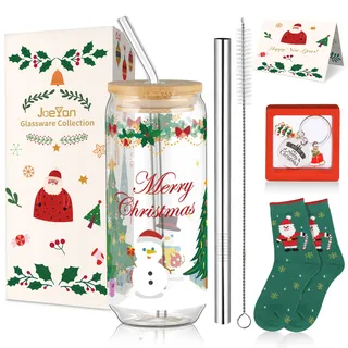 Joeyan 600ml Weihnachtsbaum Trinkgläser mit Deckel und Strohhalm Dosenförmig Heiße kaffee Tasse Bubble Tea Becher Weithals-Einmachglas Boba-Becher Reiseflasche Weihnachtsgeschenke mit Geschenkbox