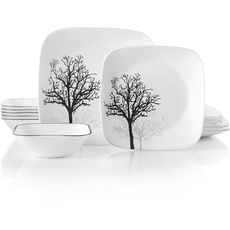 Corelle 18-piece Dinner Set, Timber Shadows, Black and White for 6, Chip Resistant Dinnerware, includes 26cm square dinner plates, 17cm square salad/side plates and 530ml square soup/cereal bowls