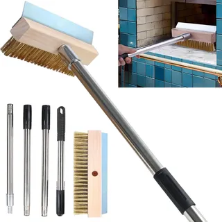 TIHOOK Pizzaofen Bürste, Pizzastein-Reinigungsbürste mit Stahlschaber, 148cm Einstellbar Aluminium Griff, 25.5cm Breit Grillbürste Messing, Pizzaofen-Zubehör für die Küche, im Freien, gewerbliche