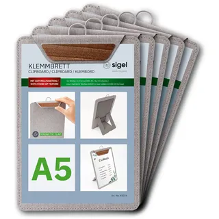 SIGEL KB224/5 Klemmbretter DIN A5 hellgrau/braun, 5 Stück, mit Aufstellfunktion, stabiles, stylisches Clipboard mit edler Leinenstruktur, strapazierfähig und leicht abwischbar, für Speisekarten