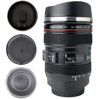 SLOSH Reisebecher Kaffee Objektiv Camera Lens mit 2 Deckeln Becher Auto Büro Edelstahl Tumbler Travel Mug Tassen Kamera Foto Cup (GE-II-V)