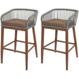 Mendler 2er-Set Rope-Barhocker HWC-O22, Outdoor Sitzpolster Seilgeflecht Metall Holz-Optik hellgrau, Kissen taupe