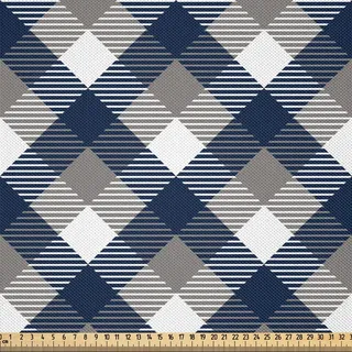 ABAKUHAUS Marine Satin Stoff als Meterware, Abstrakte Tartan Geometrische klassische Quadrate Schottisch Muster, 10 M (148 x 1000 cm), Dimgrey Weiß Dunkelblau - Weiß