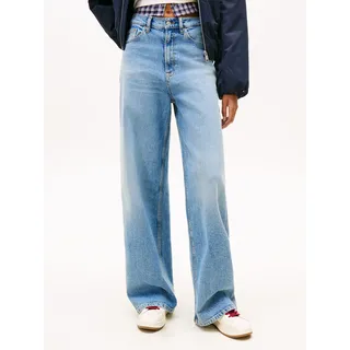Loose-fit-Jeans TOMMY JEANS "CLAIRE HR WD", Damen, Gr. 30, Länge 32, blau (denim medium), Denim/Jeans, Obermaterial: 99% Baumwolle, 1% Elasthan, Abriebeffekte, weit knöchellang, Jeans Loose-fit-Jeans