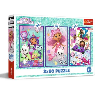 Trefl – 3in1 Puzzle: Gabby's Dollhouse, Gabbys Bunte Tage - 3 x 80 Teile, 3er-Puzzle-Set für Kinder ab 5 Jahren