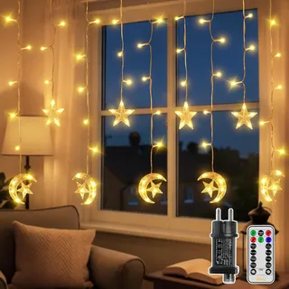 Ollny Ramadan LED Lichterkette, 2m 100 LEDs Sterne & Mond Vorhang Lichterketten mit Stecker und Fernbedienung, Warmweiß, 8 Modi mit Timer & Memory, für Fenster, Innen, Balkon, Ramadan Deko