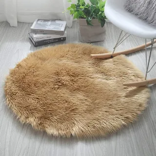 HARESLE 100cm Rund Kunstfell Teppich Kamel Waschbar Teppich für Wohnzimmer | Flauschig, Kunstfell, Hochflor 6 cm, Kunstwildleder, Rutschfeste, für Schlafzimmer, Kinderzimmer, Babyzimmer