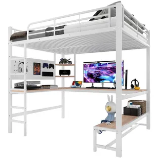 Stilvora Hochbett 140/200 cm in Weiß mit Schreibtisch, Ablagen, LED und USB/Type-C Metallbett , Metall, Holzwerkstoff , 3 Fächer , 140x200 cm , Babymöbel & Kindermöbel, Kinderzimmer & Jugendzimmer, Kinderbetten, Hochbetten