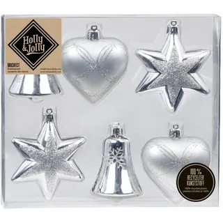 Holly & Jolly Magic 6 STK. Weihnachtskugeln Kunststoff 9cm Formen-Sortiment Glocke Herz und Stern Christbaumschmuck Weihnachtsdeko Weihnachtsschmuck Silber