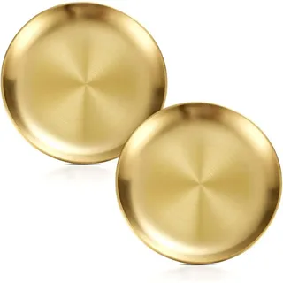 Bhina 2 Stück Gold Edelstahl Rundes Geschirr Unterteller Edelstahlteller Camping Teller Edelstahl 1 Größen von Stainless Steel Rostfreier Stahl Teller Set für Camping, Küche, Party (34cm)