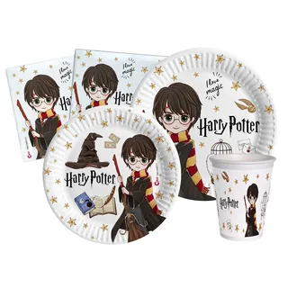 Ciao - Partygeschirr Party-Set Harry Potter für 24 Personen (112 pcs: 24 Pappteller Ø23cm, 24 Pappteller Ø18cm, 24 Becher 250ml, 40 Servietten 33x33cm) aus eco-friendly kompostierbarem Papier