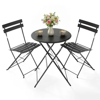 Clevich Bistro Set Balkon Metall, Balkonmöbel Set 3 teilig, Bistrotisch mit 2 Stühlen, Gartenmöbel-Set Outdoor Sitzgruppe, Faltbar und Wetterfest, für Gärten, Terrassen, Schwarz