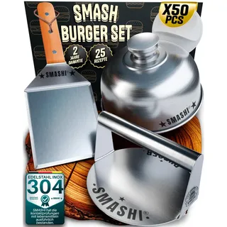 SMASHI® Smash Burger Set mit Holzgriffen – Grillzubehör aus Edelstahl 304 Burgerpresse, Spachteln & Burgerglocke – Inklusive 25 Rezepte (Experte)