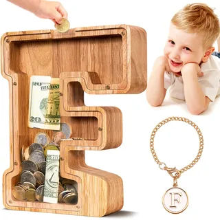 Summidate Spardose für Kinder Junge, Personalisiert Holz Großes Sparschwein, Unzerbrechliches Buchstabe A-Z Sparbüchse für Kinder Mädchen, Erwachsene, Geschenk&Dekoration