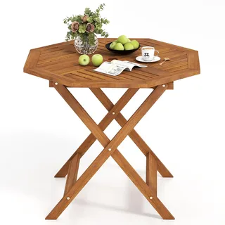 FANTASK Ø90 cm Gartentisch Holz, achteckiger Beistelltisch mit Schirmloch, Balkontisch Wetterfest, Esstisch für Garten, Balkon, Terrasse