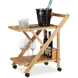 Relaxdays Küchenwagen Bambus, Servierwagen klappbar mit Flaschenhalter, Rollwagen Holz, 65 x 40.5 x 70 cm, natur