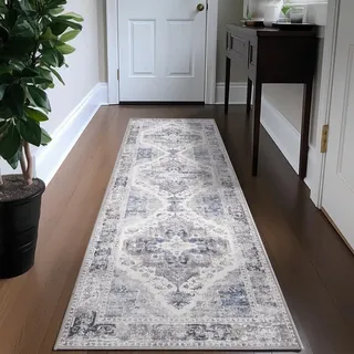 TOPICK Läufer Flur Waschbar Grau Küche Läufer Vintage Blume Orientalischer Dünner Faltbar Teppich für Brücken Schlafzimmer Wohnzimmer Tisch rutschfest Teppichläufer Flurteppich 60x210cm