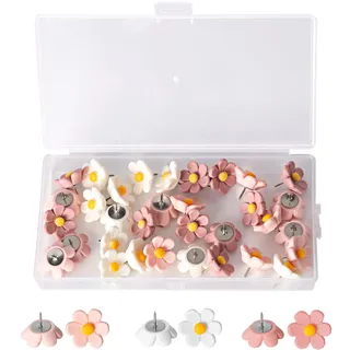 33 Stück Blumige Pinnnadeln Weiß/Pink/Dunkelpink Push Pins | Dekorativ und scharf; stabil, wiederverwendbar; für Pinnwand/Korktafel/Fotowand; Büro & Zuhause; Farbmix