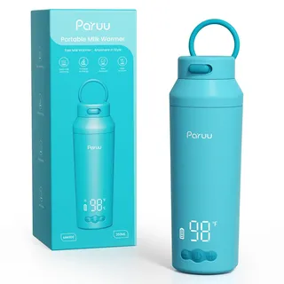 Paruu Tragbarer Flaschenwärmer Baby für Unterwegs, Leicht zu Reinigende Weite Öffnung, Schnellaufheizen in 2 Min, 7-Stufige Temperaturregelung, 30W-Schnellladung, 350ml Kapazität, Blau