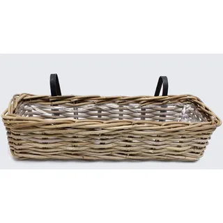 FRANK FLECHTWAREN Balkonpflanzer Rattan, Koboo-Grey, Schwarze Metallbügel, 58x18x14 cm, Mit Folie, Blumenkasten Balkon Terrasse