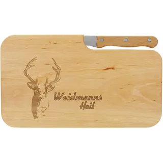 LASERHELD | Brotzeitbrett Holz mit Gravur “Waidmannsheil” & Messer | 26 x 15 cm | Frühstücksbrettchen Holz Schneidebrett Jausenbrett | Geschenk für Jäger zum Vatertag Vatertagsgeschenk