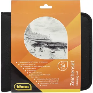 Idena 60065 - Zeichenset, 34 Teile in praktischer Aufbewahrungstasche, Zeichenzubehör-Set ideal für Anfänger und erfahrene Künstler