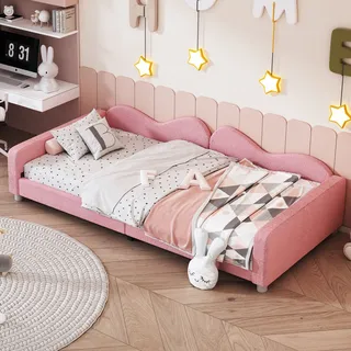 okwish Kinderbett 90*200cm, multifunktionales weiches Schlafsofa, mit Rückenarmlehne, Teddystoff, bequemer Schlaf, Teenager, Gästebett, Rosa - Rosa