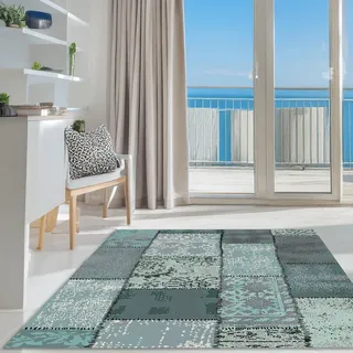 Teppich OTTO HOME "Garry" Gr. 3, blau (türkis), B:120cm H:7mm L:170cm, Jute, Kunstfaser, Teppiche, Teppich, Vintage, Kurzflor, Patchwork-Design, farbenfroh, Wohnzimmer