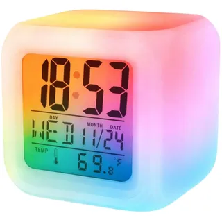 Beleuchteter Chameleon LCD-Wecker – Mehrfarbige Digitaluhr mit Thermometer – 12/24-Stunden-Display – 7 Farbwechsel