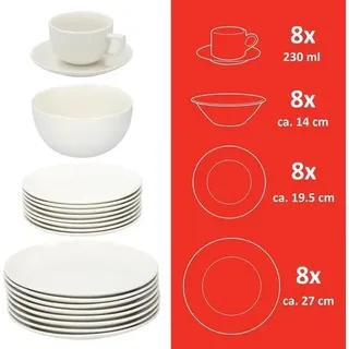 Geschirrset – 40-teilig – für 8 Personen – Porzellan – bestehend aus Tellern, Desserttellern, Schüsseln, Untertassen und Tassen – weiß