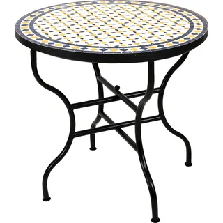 ORIGINAL Marokkanischer Mosaiktisch Gartentisch ø 80cm Groß rund klappbar | Runder klappbarer Mosaik Esstisch Mediterran | als Klapptisch für Balkon oder Garten | Giralda Weiss Gelb Blau 80cm - Weiß, Gelb, Blau