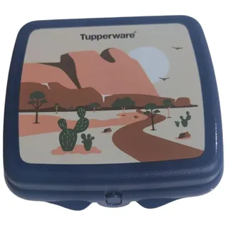 Tupperware Sandwich-Box Aufbewahrungsbox Brotdose quadratisch mit Scharnier und Verriegelung (blau mit Wüste)