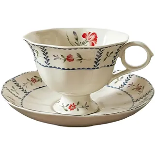 fanquare 200ml Elegante Tasse und Untertasse Set Vintage Porzellan Kaffeetassen,Europäische Art Keramik Teetasse mit Blumenmuster für Frauen Frühstück Nachmittagstee