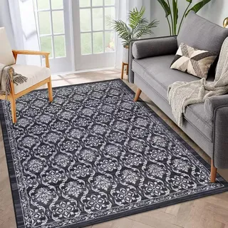 Auton Boho-Teppiche, Waschbare Teppiche für Wohnzimmer Rutschfester dünner Überwurf Teppich für Esszimmertisch Teppich mit Blumendruck im Used-Look für Schlafzimmer Küche Büro, Dunkelgrau 120 x 170