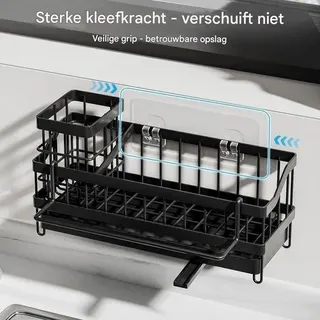 Gootsteenorganizer mit Ablage für Handtücher und Wischhandschuhe - Wandregal für die Küche ohne Bohren - Schwarz - ideal für den kleinen Raum - Schwarz