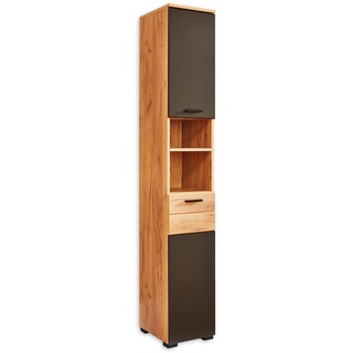 RIOM Badezimmer Hochschrank in Artisan Eiche Optik / Schwarz - Badezimmerschrank Bad Schrank mit viel Stauraum - 30 x 187 x 30 cm (B/H/T)