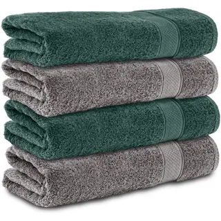 Komfortec 4er Duschtücher 70x140 cm Set aus 100% Baumwolle, 470g/m2, Frottee, Weich, Anthrazit Grau/Dunkelgrün