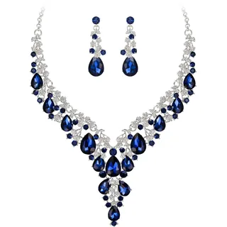 Clearine Hochzeit Schmuck-Set Tropfen Strass Cluster Statement Halskette und Ohrhänger-Set Kostümschmuck für Damen Sapphir-Blau Silber-Tone