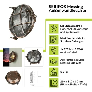 Licht-Erlebnisse Wandlampe Messing IP64 Kupfer Antik Garten