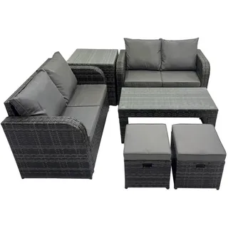 Fimous Gartensofa SET mit 2 Hocker Couchtisch Polyrattan 6-Sitzer , Dunkelgrau , Metall, Kunststoff, Glas , Füllung: Schaumstoff,Schaumstoff , rechteckig , Gartenmöbel, Gartengarnituren, Gartenmöbel-Sets