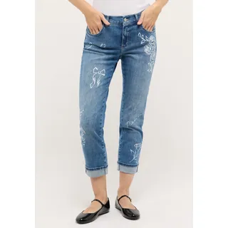 High-waist-Jeans ANGELS "Darleen Beauty", Damen, Gr. 34, Länge 30, blau (light blau random used), Denim/Jeans, Obermaterial: 91% Baumwolle, 6% Polyester, 3% Elasthan, bedruckt, unifarben, straight fit lang, Jeans High-waist-Jeans, mit floralen Prints und Stretch