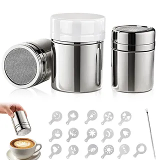 3 Stück Puderzuckerstreuer, Kakaostreuer für Cappuccino 304 Edelstahl Mehlstreuer mit Deckel Staubzuckerstreuer Kakao Streuer für Kakao Kaffee Zucker Salz Mehl