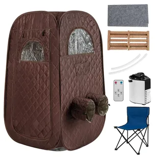 COSTWAY tragbare Dampfsauna, Heimsauna für 1-2 Personen mit 3 Liter Dampfgenerator, Timer, Fernbedienung, Fußmassagegerät & Klappstuhl, Saunazelt Sitzsauna Zuhause, 89 x 89 x 149 cm (Braun)